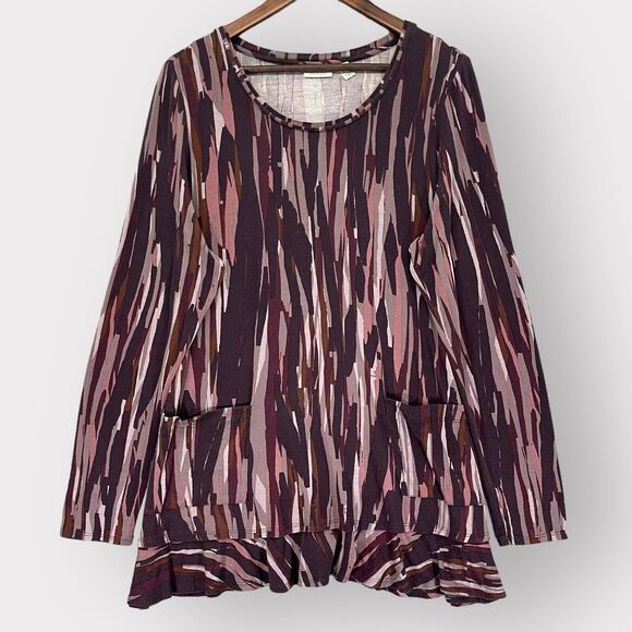 LOGO Tunic Top Women L Purple Pink‎ Print Pockets Ruffled Hem Knit Soft E24 - Picture 1 of 15